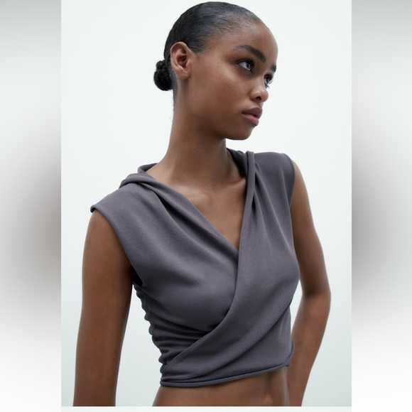 Zara Cropped Grey Wrap Top - Picture 3 of 10